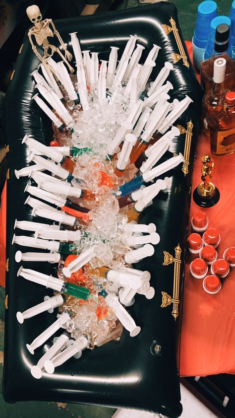 Halloween Drinks With Syringes, 21 Halloween Party, Bach Party Jello Shots, 7 Deadly Sins Party Theme, Halloween Party Decor College, Halloween Jello Shots Alcohol Syringe, Jello Shots Syringe, Adult Halloween Party Themes, Syringe Jello Shots