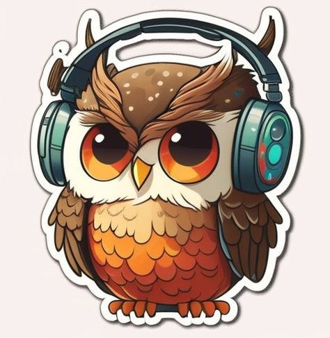 From its wide, round eyes to its fluffy, oversized wings, every detail of this owl has been carefully crafted to evoke a sense of cuteness and whimsy. Even the colors - a soft, pastel palette of brown, blues, and ochre - contribute to the overall sense of playfulness and fun. Kawaii, Headphones Sticker, Happy Owl, Wearing Headphones, Wearing Headphone, Owl Stickers, Headphones Design, Kawaii Style, Cute Happy