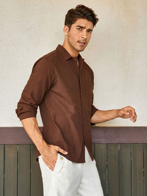 Coffee Brown Work  Long Sleeve Cotton Plain Shirt Embellished Non-Stretch Spring/Fall Men Tops Brown Color Shirt For Men, Brown Colour Shirt For Men, Comfy Formal Outfit Men, Brown Linen Shirt Outfit Men, Mens Brown Shirt Outfit, Plain Formal Shirts For Men, Brown Outfit For Men Casual, Chocolate Brown Shirt Outfit Men, Brown Dress Shirt Outfit Men