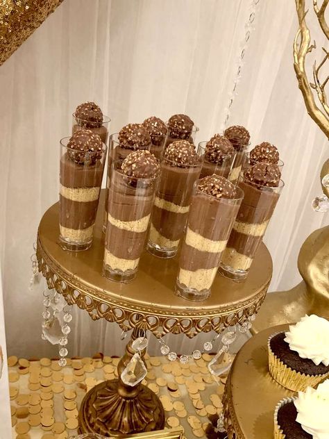 Dripping in Gold 18th Birthday | CatchMyParty.com Essen, Golden Birthday Appetizers, 18th Birthday Dessert Table Ideas, Golden Food Ideas, Gold Party Snacks, Beige Party Theme, Brown And Gold Party Decorations, Golden Birthday Decoration Ideas, Brown And Gold Graduation Party Ideas