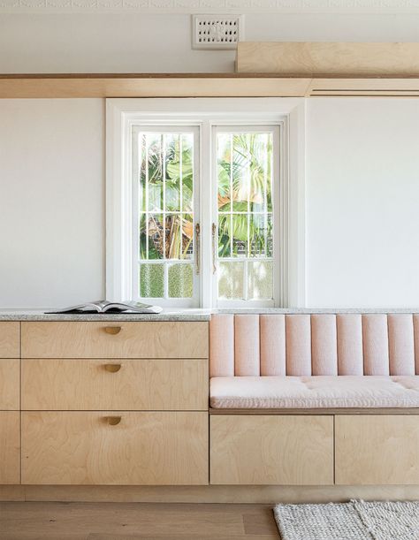 Mid Century Banquette, Compact Apartment, Tiny Studio Apartments, Studio Weave, Kitchen Island Bench, Built In Seating, Apartment Renovation, Built In Furniture, Banquette Seating