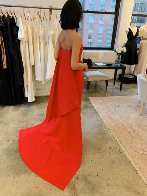 Faille strapless gown with column skirt and watteau streamer Peplum Gown, Open Back Gown, Wrap Gown, Strapless Evening Gowns, Cape Gown, Column Skirt, Chiffon Midi Dress, Strapless Gown, Gowns With Sleeves