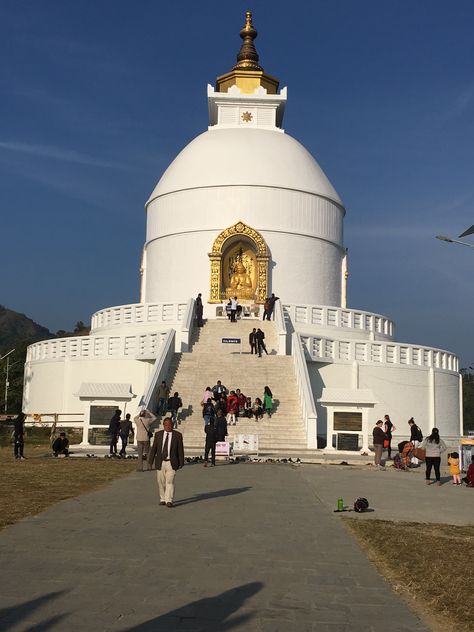 Shanti Stupa in Pokhara is the first World Peace Pagoda in Nepal Nepal, Pisa, Nepal Pokhara, Travel Wishlist, World Peace, Leaning Tower, Leaning Tower Of Pisa, First World, Taj Mahal