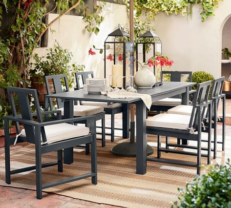 Social Media Assets - Pottery Barn Patio Set With Umbrella, Pottery Barn Outdoor, Deck Dining, Patio Inspiration, Metal Dining Table, Patio Dining Table, Deck Furniture, Outdoor Dining Furniture, Rectangular Dining Table