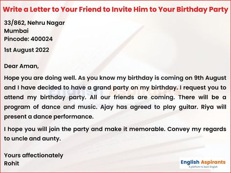 Write a letter to invite your friend to your birthday party Invitation Letter For Birthday Party, Birthday Invitation Letter, English Facts, Printable Friends, Family Worksheets, Birthday Blast, 17 Birthday, Write A Letter, Friendly Letter