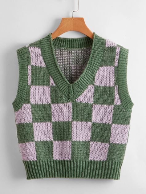 Gingham Pattern Sweater Vest | SHEIN USA Crochet Sweater Vest, Vest Pattern Free, Crochet Vest Pattern, Crochet Fashion Patterns, Crochet Shirt, Vest Pattern, Crochet Vest, Crochet Top Pattern, Bag Crochet
