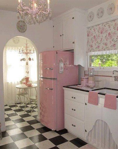 15 Fabulous Shabby-Chic Kitchens - Walls of Wonderland Pink Refrigerator, Cocina Shabby Chic, Casa Retro, 1950s Kitchen, Purple Kitchen, Decoration Shabby, Casa Vintage, Pink Kitchen, Chic Kitchen