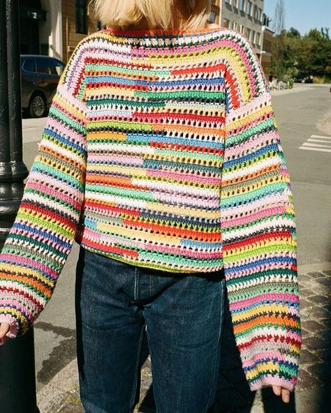 Couture, Scrap Yarn Crochet Jumper, Crazy Crochet Sweater, Colourful Crochet Sweater, Multi Stitch Crochet Sweater, Crochet Stripe Sweater, Crochet With Multi Colored Yarn, Scrap Yarn Sweater Pattern, Colorful Striped Sweater