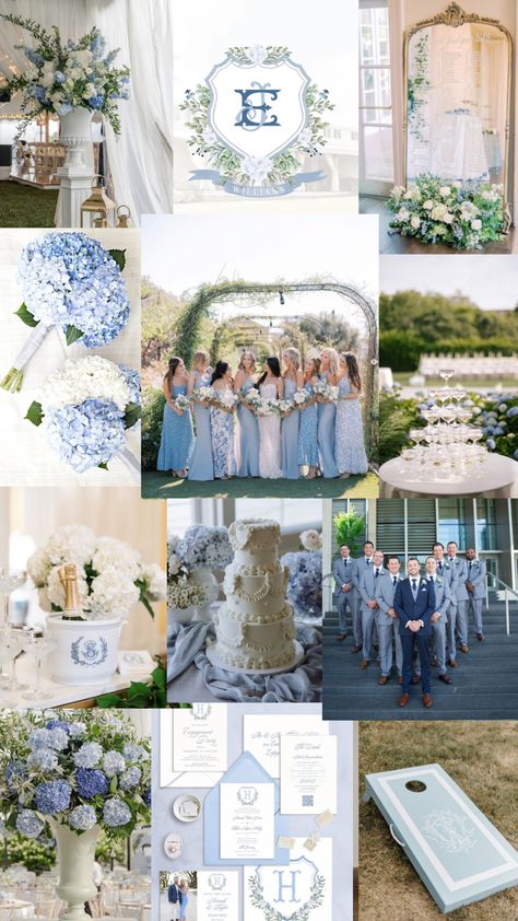 Blue Hydrangea Wedding Ideas, Blue Hydrangea Wedding Theme, Dusty Blue And Champagne Wedding Theme, Navy Light Blue And Gold Wedding, Blue Monochromatic Wedding, Blues And White Wedding, Dusty Blue Wedding Theme Groomsmen, Timeless Blue Wedding, Bridgerton Blue Wedding