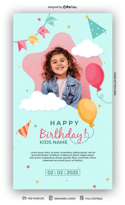 Happy Birthday Psd Photoshop, Birthday Flyer Design Templates Free, Psd Free Photoshop Templates, Birthday Instagram Story Ideas Template, Birthday Template For Instagram, Instagram Story Ideas Template, Baby Birthday Design, Story Ideas Template, Birthday Graphic Design