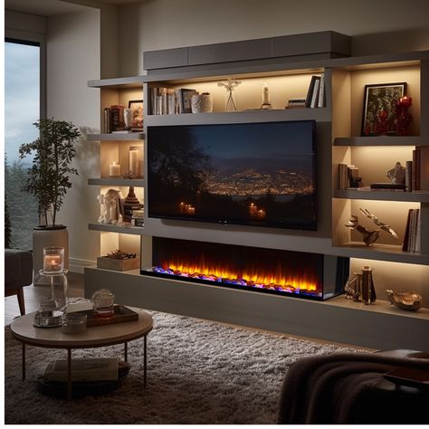 A beautiful fireplace with an amazing, realistic flame effect, mood lighting, and easy-to-use multi-function LCD display remote control with an in-built thermostat. The flame effect which can be adjusted for intensity/brightness can be enjoyed together with the mood lighting or used by itself. The log bed LED mood lighting has 13 different colours that can be cycled through or set to the colour of your choice.  The log bed which is composed of crystals, stones, and resin logs can be operated eit Media Wall Alcoves, Built In Bookshelf With Fireplace, Tv Bookshelf Wall Built Ins, Living Room Designs Led Lights, Panelled Feature Wall Living Room, Media Unit With Fireplace, Modern Fireplace Ideas With Tv Built Ins, Styling Built Ins Around Fireplace, Fire And Tv Wall Built Ins