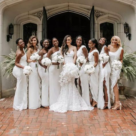 All White Bridal Party, White Bridal Party, White Wedding Party, Davids Bridal Gowns, Latest Bridesmaid Dresses, Buy Wedding Dress Online, Wedding Dress Types, Glamorous Bride, Wedding Dress Silhouette