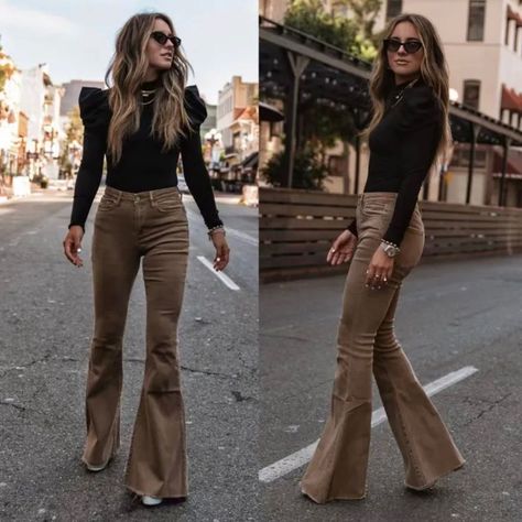 Brown Corduroy Flare Pants Bin L 17” Flat Measure Waist 11” Rise 29” Inseam 100% Polyester Slight Stretch. Fits A 12/14us Best. Active Wear Dresses, Bell Bottom Trousers, Pants Corduroy, Look Formal, School Season, Sport Dress, Dark Khaki, Bell Bottom Pants, Type Of Pants