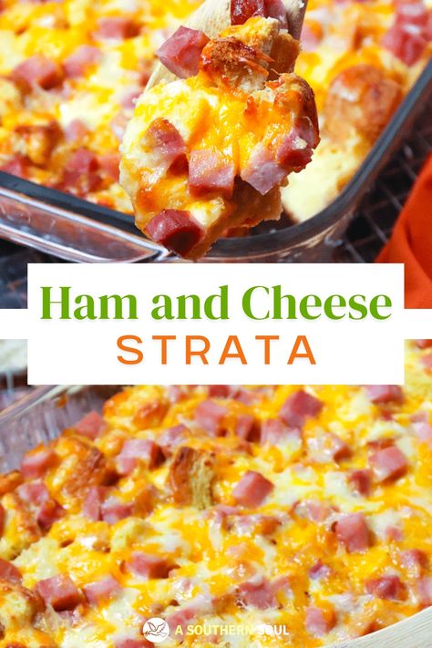 Ham Strata Recipes, Ham And Cheese Strata, Cheese Strata Recipe, Breakfast Cassarole, Ham And Egg Casserole, Strata Recipes Breakfast, Egg And Cheese Casserole, Overnight Casserole, Ham And Cheese Casserole