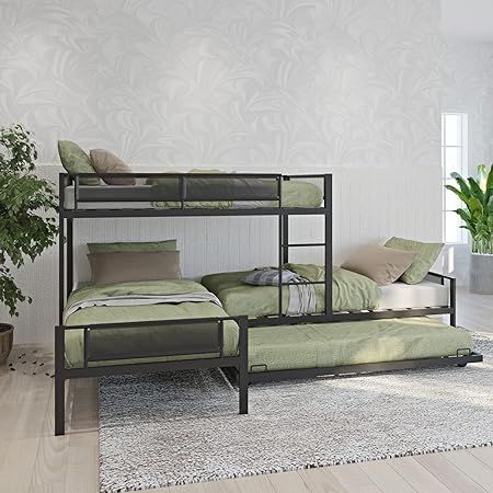 Metal Triple Bunk Beds with Trundle, L-Shaped Quad Bunk Bed Twin Over Twin for 4 Kids, Heavy Duty 4 Bunkbeds Frame for Teens Girls Boys Adults, Bedroom, Dorm, Black 3 Bunk Beds, L Shaped Bunk Beds, Triple Bed, Adult Bunk Beds, Triple Bunk Beds, Low Bunk Beds, Triple Bunk Bed, Triple Bunk, Support Beam