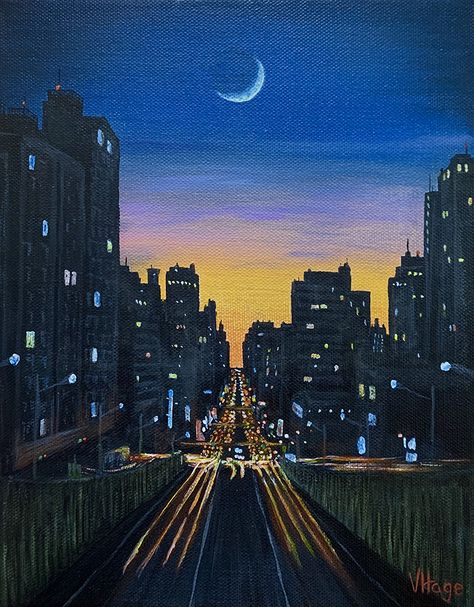 moonlit urban cityscape with car lights at night in acrylics Buildings At Night Painting, City Night Sky Painting, Painting Of Buildings At Night, City Paintings On Canvas, Night Street Painting Acrylic, Night To Day Painting, Building At Night Painting, City Lights Acrylic Painting, Night City Painting Acrylic