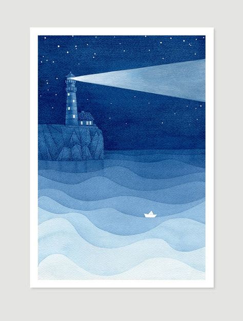 "Lighthouse art print, watercolor painting, sailboat print blue nursery art wall decor ocean illustration VApinx Print of watercolor painting. Bedroom art print. Nautical wall decor with lighthouse. Ocean waves. Lonely ship at sea in the starry night with lighthouse. colors: blue, white Illustration is signed, titled and dated on reverse. Dimensions: - paper size 5 x 7 - paper size A5 - 14,8 cm x 21 cm (5,83\" x 8,27\") - paper size 8 x 10 - paper size A4 - 21 x 29,7 cm (8,27\" x 11,69\"), - pap