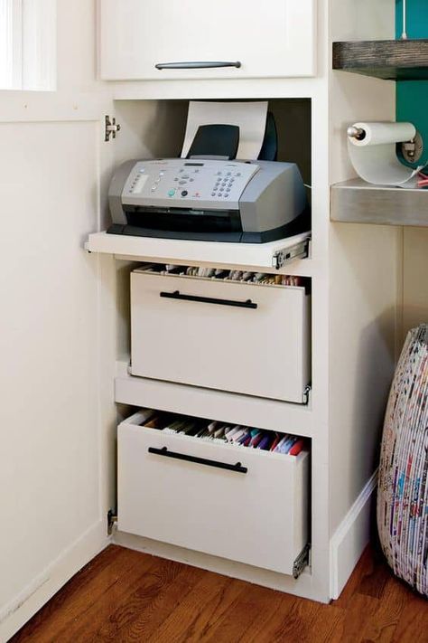 Small Office Design Ideas – 10 Ways to Make an Office Efficient Balcon Mic, Office Built Ins, Home Office Cabinets, Kitchen Desks, Corner Office, Built In Cabinet, Closet Office, Office Nook, Home Office Storage