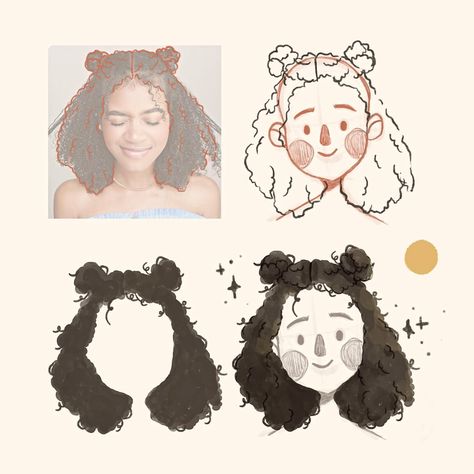 When I draw and color different hair types, I always like to mimic the hair pattern with the brush strokes! So for straight hair I make long straight brush strokes and for curly hair I make “curly” or circular brush strokes - it gives a much more believable result 👩👩‍🦱 I give all my tips for drawing hair in my “How I Draw Hair” and “How I Draw Hairstyles” mini tutorials. You can find them in my Starter Bundle 🎨✨ #drawingtips #drawingtipsandtricks #arttips #arttipsandtricks #drawingtutorial ... Coloring Curly Hair Drawing, Type Of Drawing Styles, Types Of Hair Drawing, Curly Hair Art Tutorial, How To Color Curly Hair Digital, Drawing Hair Curly, Straight Hair Drawing Reference, Drawn Hairstyles, Straight Hair Drawing