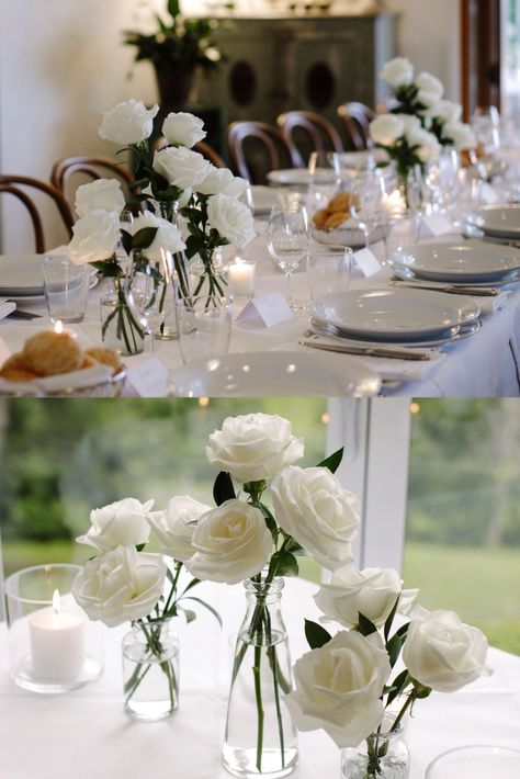 Center Table Piece Wedding, Wedding Vase Flowers, Flower Arrangement For Wedding Table, White Roses On Table, White Rose Reception Decor, Wedding Table Decorations Elegant Modern, Simple White Rose Table Decor, Simple White Flower Table Decor, White Rose Candle Centerpiece