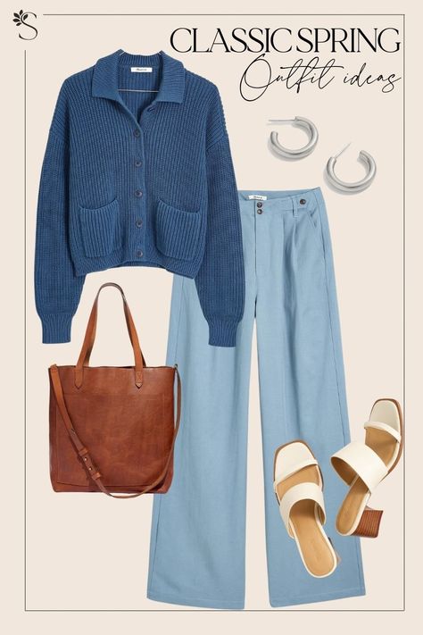 Madewell Spring Outfits - Blue Sweater + Blue Trousers Periwinkle Pants Outfit, Light Blue Outfit Casual, Light Blue Trouser Outfit Women, Light Blue Slacks Outfit Women, Blue Top Outfit Aesthetic, Outfits With Blue Pants, Light Blue Pants Outfit Work, Light Blue Pants Outfit Women, Blue Dress Pants Outfit