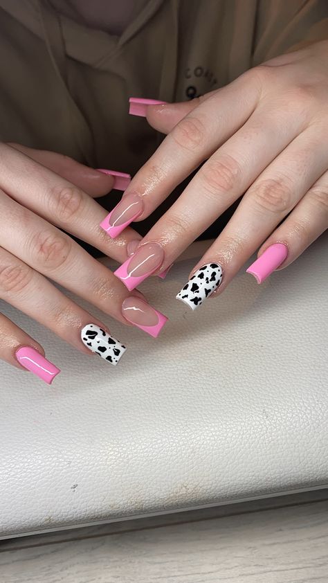 Pink French Tip Cow Print Nails, Neon Pink Cow Print Nails, Almond Nails Designs Western, Pink Cow Print Nails Short, Pink Cowprint Nails Acrylic, Cow Print Valentine Nails, Western Square Nails, Pink Cow Print Acrylic Nails, Pink Cow Nails Acrylic