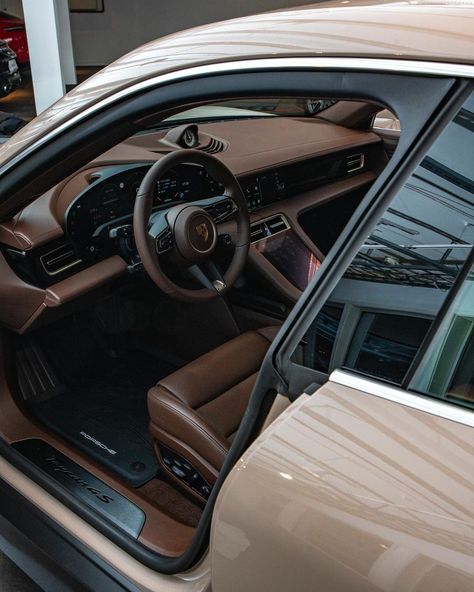 Porsche Cayenne Brown Interior, Porsche Brown Interior, 2023 Porsche Taycan, Brown Porsche Aesthetic, Brown Porshe, Beige Porsche, Porche Taycan, Brown Porsche, Porshe Car