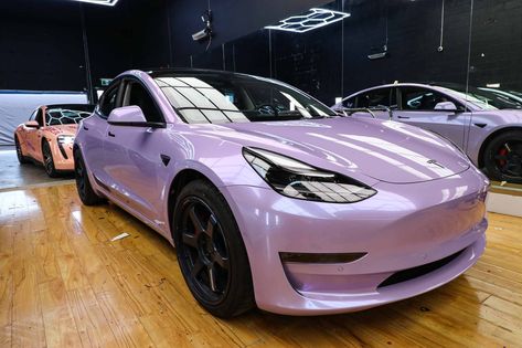 Purple Tesla Model 3, Lavender Wrapped Car, Tesla Wrap Ideas, Lavender Car Wrap, Tesla Model Y Wrap Colors, Tesla Model 3 Wrap Ideas, Wrapped Tesla Model 3, Car Wraps Ideas, Tesla Colors