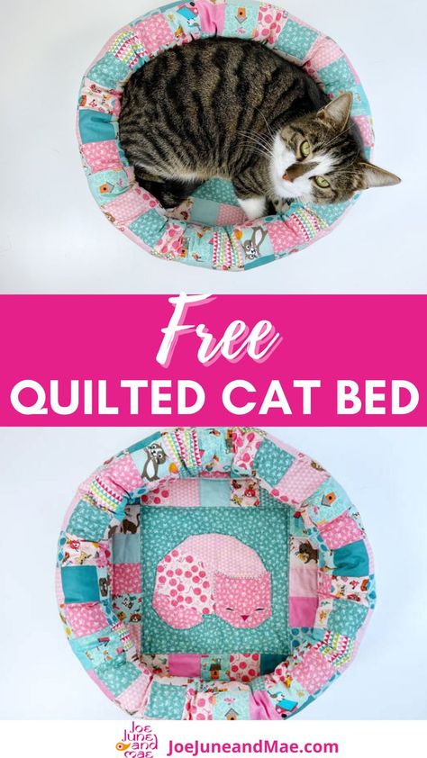 Learn how to quilt this cat bed pattern you can easily make. This super afordable fabric line called Cats Meow Upcycling, Patchwork, Cat House Sewing Pattern, Sewing Cat Bed Pattern, Sewn Cat Bed, Sew A Cat Bed, How To Make A Cat Bed Diy, Quilted Cat Bed, Pet Bed Sewing Pattern