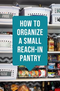 How to organize a small reach-in pantry and take advantage of every inch of available storage space. These pantry organization ideas are simple, pretty, and easy to maintain. Organisation, Reach In Pantry Organization Ideas, Small Pantry Organization Ideas Storage, Deep Narrow Pantry Organization, How To Organize A Small Pantry, Organize Deep Pantry Cabinet, Pantry Design Small, Kitchen Pantry Design Ideas Small Spaces, Reach In Pantry Design