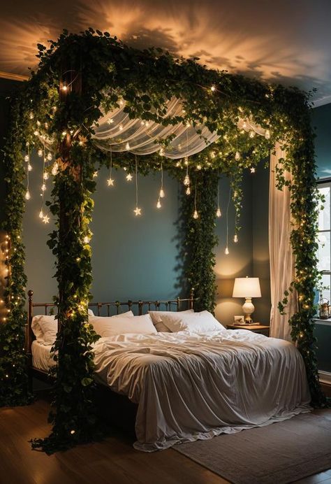 Self Decor Ideas, Cute Things For Bedroom, Room Decor Green Aesthetic, Magic Forest Bedroom, Fairy Forest Bedroom Ideas, Corner Bed Canopy Ideas, Aesthetic Big Room, Sleep Room Ideas, Fairy Tail Bedroom