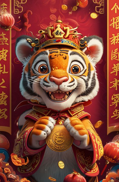 "Chinese New Year Tiger Wallpaper: Adorable Tiger with Crown and Gold Coin" Tiger With Crown, Tiger Wallpaper, Unique Pictures, Cool Wallpapers, Gold Coin, Gold Coins, Chinese New Year, Cool Wallpaper, Color Palette