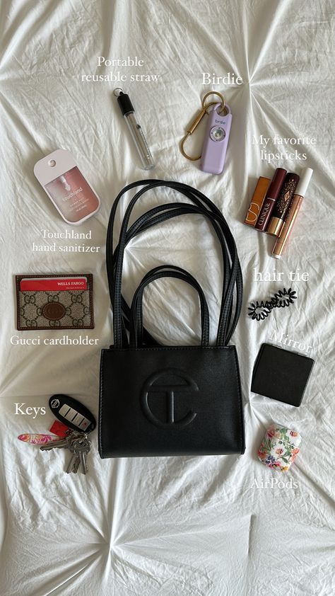 Black Small Telfar Bag, Telfar Small Bag Aesthetic, Telfer Medium Bag, What’s In My Telfar Bag, Telfer Bag Outfits, Small Black Telfar Bag Outfit, Mini Handbag Essentials, Telfar Small Shopping Bag, Cobalt Telfar Bag Outfit