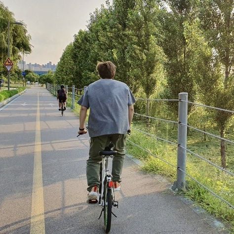 "If you're sad, ride a bike. Let the wind be under your feet." -Bicycle by RM Daegu, Bicycle Aesthetic, Bike Aesthetic, Riding Bike, Bts Korea, Bts Twt, Green Aesthetic, Bts Pictures, Taking Pictures