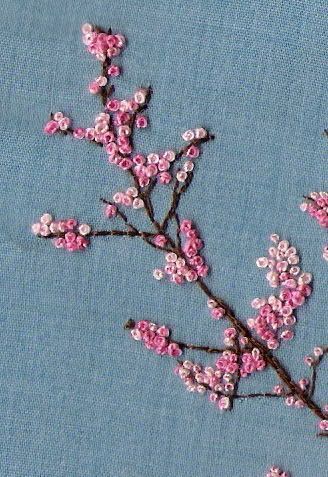 French Crochet Embroidery, Cherry Blossom Branch Embroidery, Embroidered Cherry Blossoms, Tree Branch Embroidery, Embroidery French Knot, Sakura Embroidery, Cherry Blossom Embroidery, Branch Embroidery, Knots Embroidery