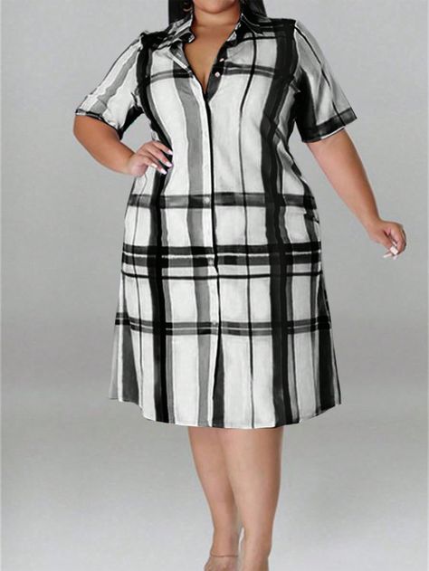 Black Casual Collar Short Sleeve Woven Fabric Plaid Shirt Embellished Non-Stretch  Women Plus Clothing Purple Fashion Casual, Collar Shirt Dress, Vestidos Casual, Plus Size Plaid, Silhouette Shirt, Dress Item, Plaid Short Sleeve Shirt, Collared Shirt Dress, Dress Sleeve Styles