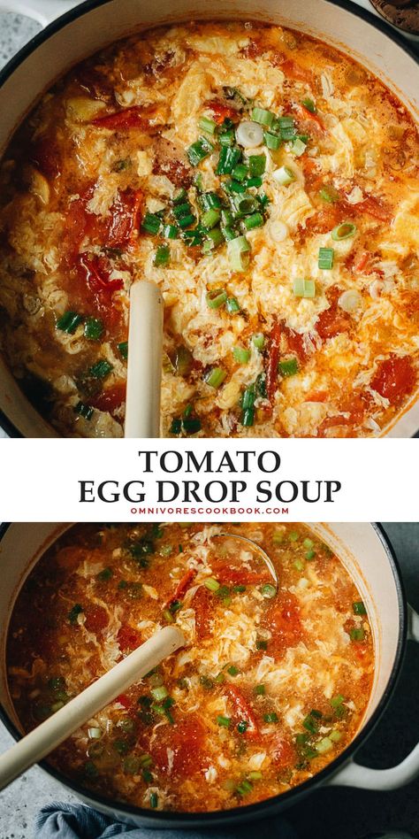 Add this quick and colorful tomato egg drop soup to your homemade Chinese takeout night menu! The aromatics and tomatoes are sauteed to release the fragrance, then cooked with egg ribbons in chicken broth with nutty sesame oil to finish it up. It is comforting and delicious and will warm your heart on a chilly day. {Gluten-Free, Vegetarian-Adaptable} Tomato Eggdrop Soup, Tomato Egg Drop Soup Recipe, Tomato Egg Soup, Tomato And Egg Soup, Tomato Egg Soup Chinese, Asian Tomato Soup, Best Egg Drop Soup Recipe, Egg Drop Soup Recipe Easy, Chicken Egg Drop Soup