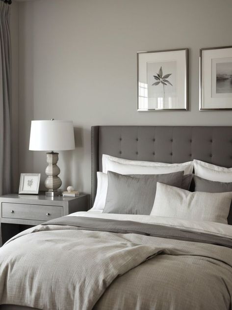Elegant Neutrals: Gray Tones for a Beautiful Bedroom Choose bedding in shades of gray that create a cohesive and soothing color palette, promoting a sense of tranquility and serenity. #GrayIdeas #GrayDesign White Grey Neutral Bedroom, Grey Bed With White Bedding, Light Gray Wall Bedroom Ideas, Shades Of Gray Bedroom Ideas, Grey Beige Bedding, Bedroom Color Palette Grey, Gray Owl Bedroom, Grey Bed White Walls, Light Grey Headboard Bedroom Ideas Decor