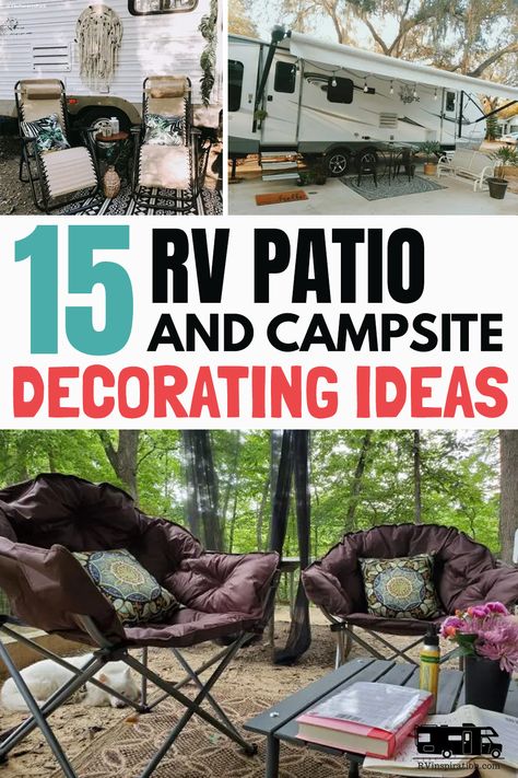 Outside Of Camper Ideas, Travel Trailer Patio Ideas, Camper Ideas Outside, Camping Deck Ideas, Campground Patio Ideas, Camping Outside Decor, Porch Ideas For Campers, Diy Trailer Decor Ideas, Outside Camper Decor