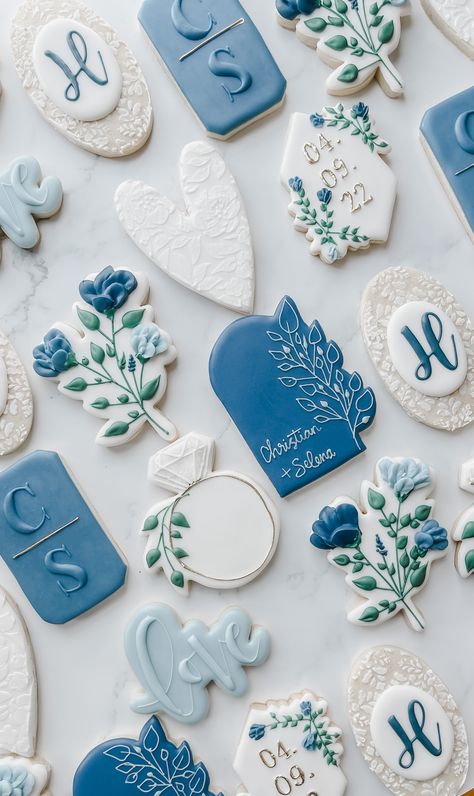 Blue Bridal Shower Themes, Blue Bridal Shower Decorations, Wedding Sugar Cookies, Bridal Shower Dessert Table, Shower Baskets, Wedding Shower Cookies, Engagement Cookies, Bridal Shower Inspo, Nebraska Wedding