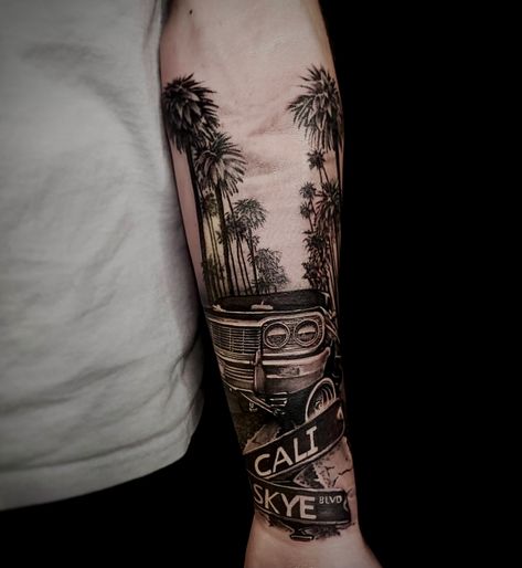 Tattoo done by Jason Vickers ig-@jason_vickers_tattoo Forearm tattoo, car, palm trees, california, low rider, impala, street sign, road sign #tattoo #tatted #ink #cai Los Angeles City Tattoo Ideas, Heaven Leg Tattoo, Road Sign Tattoo Ideas, California Palm Trees Tattoo, California Sleeve Tattoo Ideas, California Leg Sleeve Tattoo, Socal Tattoo Ideas, California Theme Tattoo, Realistic Car Tattoo