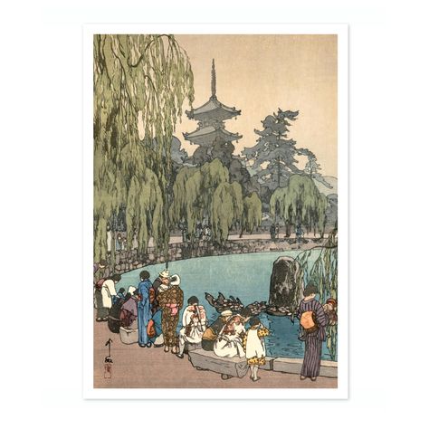 This traditional Japanese woodblock print titled "Carp & Tortoises" by Hiroshi Yoshida showcases a serene pond scene with rich details. Figures in traditional attire admire carp and tortoises near a peaceful lake framed by willows and a pagoda temple. Ideal for those who appreciate classic Japanese Ukiyo-e art, this portrait-style poster vividly captures tranquility and cultural heritage. Japanese Art, Japanese Woodcut, Paper Mill, Woodcuts Prints, Japanese Woodblock Printing, Japanese Prints, Woodblock Print, Definition Prints, Design Inspo