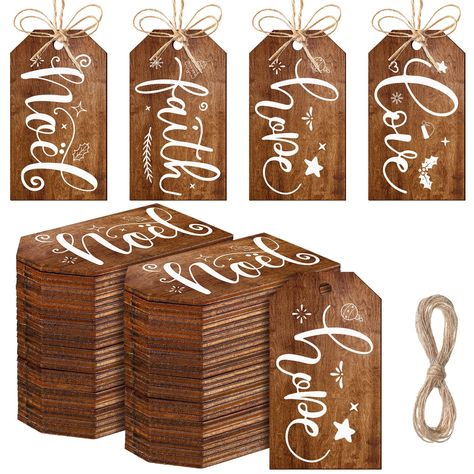 PRICES MAY VARY. Full of Christmas Atmosphere: the wooden gift labels are designed with modern brown colors printed with some blessing words in white color, elegant and stylish, presenting attractive and exquisite decorations to your Christmas Various Styles and Sufficient Quantity: the package includes 60 pieces of christmas wishes gift tags with 4 different word styles, 15 pieces of each style; The decorative tags for crafts measure approx. 5.7 x 3.2 cm/ 2.24 x 1.26 inch; Sufficient quantity a Western Christmas Decorations, Engraved Christmas Ornaments, Christmas Rustic, Christmas Crafts To Sell, Christmas Star Decorations, Farmhouse Vintage, Xmas Tree Ornament, Ribbon On Christmas Tree, Family Christmas Ornaments