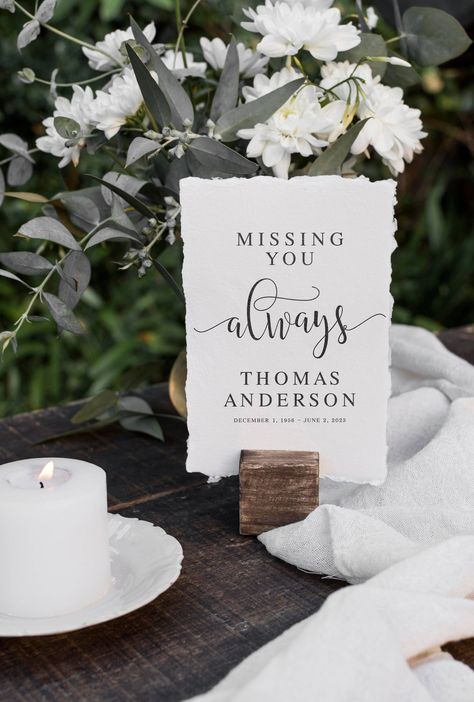 Missing You Always, Memorial Table Sign, Modern Minimalist Funeral Signs, Funeral Guestbook Table Sign, Funeral Quotes, Memorial Decor Signs In Loving Memory Sign Funeral, Share Your Favorite Memory, Celebration Of Life Memorial Signs, Celebration Of Life Verses, Share A Memory Ideas, Memory Book Funeral, Celebration Of Life Memorial Centerpiece Ideas, Centerpieces For A Celebration Of Life, Male Funeral Arrangements