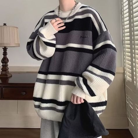 90s Grunge, Oversized Striped Sweater, Couples Sweaters, Striped Knitted Sweater, Pull Oversize, Women Sweaters Winter, Sweater Oversize, Loose Pullover, Sweater Men