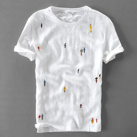 Cartoon Embroidery T-shirt Linen Short Sleeve, Embroidery Stitching, Embroidery Tshirt, Cartoon Embroidery, Linen Tshirts, 자수 디자인, Linen Short, Polo T Shirts, Male T Shirt