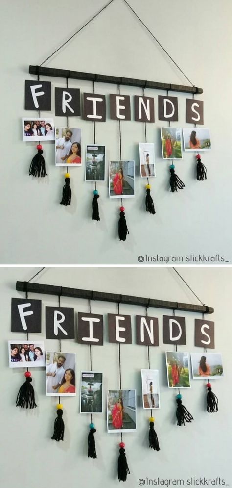 Photos Frame Ideas Creative, Diy Wall Photo Frame, Photo Wall Hanging Creative, Frame Work Ideas, Diy Wall Decor With Photos, Wall Hanging Photos, Wall Decor Ideas With Photos, Family Photoframe Idea, Wall Hanging Photo Ideas