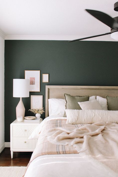 Forest Green Bedroom Accent Wall Dark Green Wall Behind Bed, Green Wall Masterbedroom, Bedroom Forest Green Accent Wall, Pine Green Accent Wall Bedroom, Forest Green Walls Bedroom, Bedrooms Green Accents, Bedroom Green Accent Wall Ideas, Dark Sage Accent Wall Bedroom, Benjamin Moore Accent Wall Colors Master Bedrooms