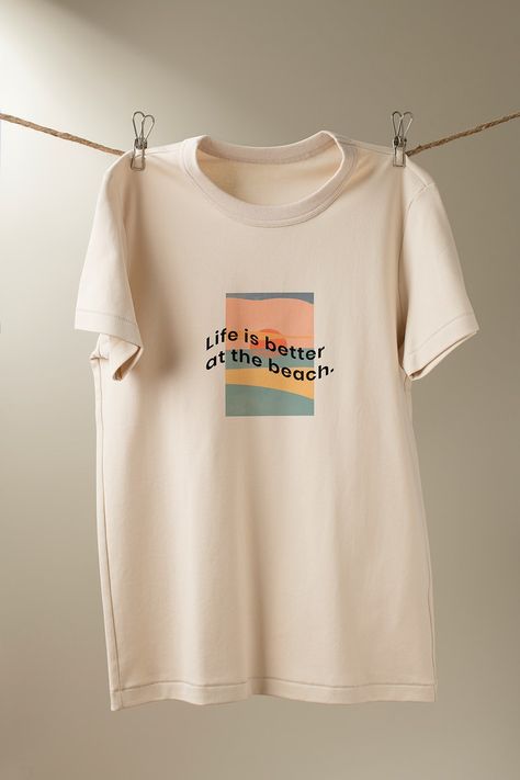 Simple Tshirt Design, T-shirt Photography, Beige T Shirt, Beige T Shirts, Shirt Design Inspiration, Shirt Print Design, Beach T Shirts, Clothing Mockup, T Shirt Mockup