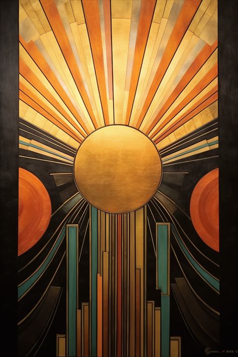 stunning art deco canvas features a captivating gold sunburst design with striking black and blue accents Art Deco Interior Design Color Palette, 1920s Patterns Art Deco, Art Deco Tatoos, Art Deco Sink, Art Deco Concept Art, Art Deco Details, Art Deco Ornament, Art Deco Artwork Paintings, Art Deco Closet